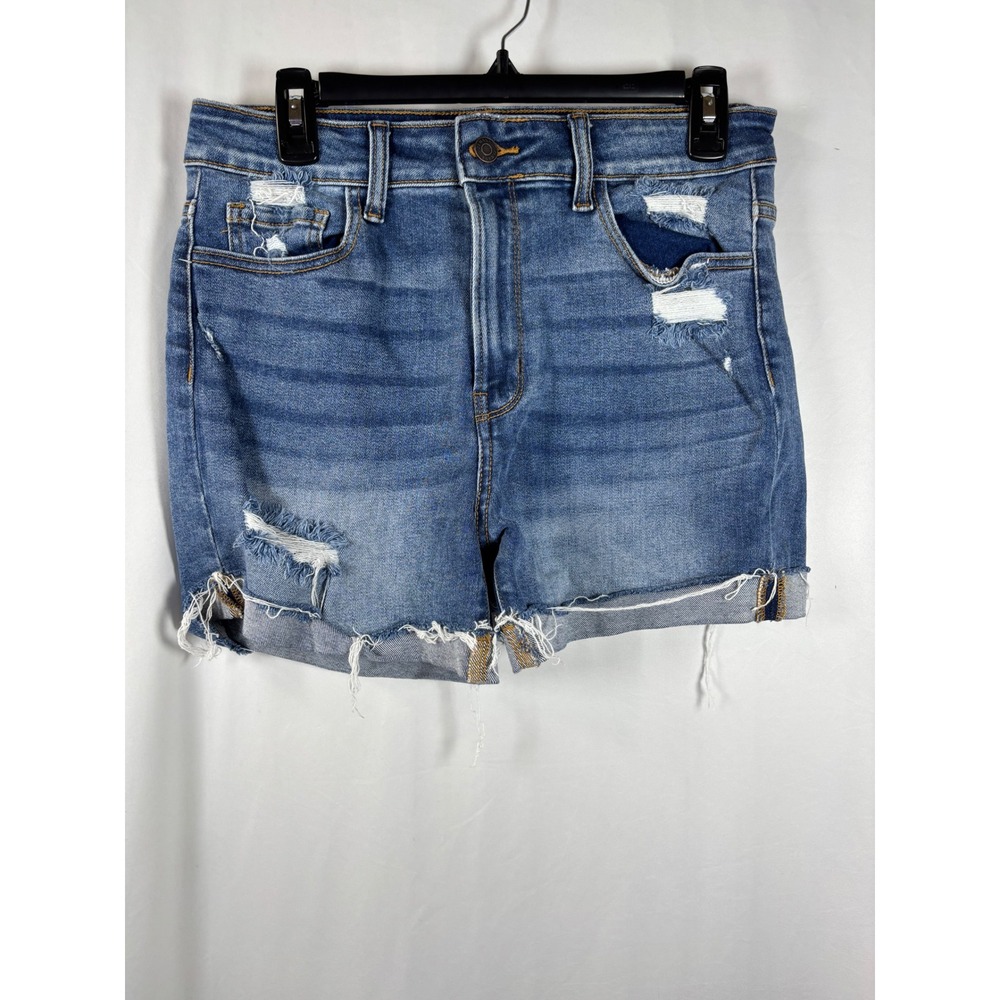 Zenana Womens High Rise Distressed Denim Shorts Medium Wash Raw Hem Blue Size L